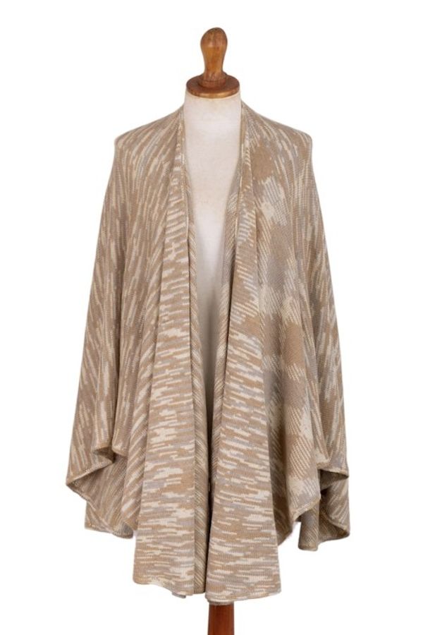 Alternate image for Textured Knit Alpaca Blend Ruana in Brown Beige and Grey Mountain Minerals