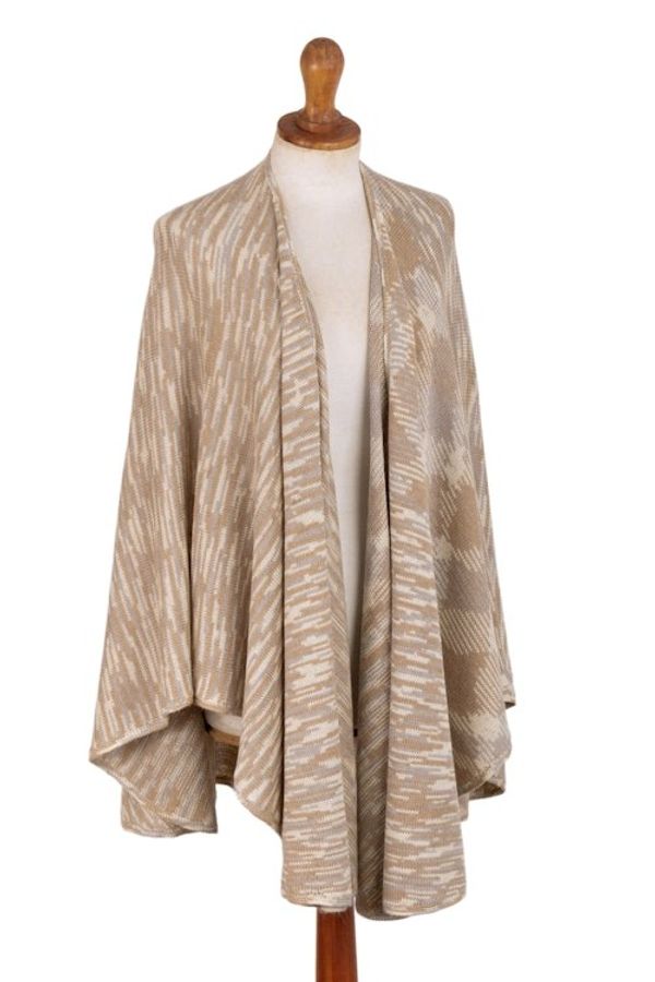 Alternate image for Textured Knit Alpaca Blend Ruana in Brown Beige and Grey Mountain Minerals