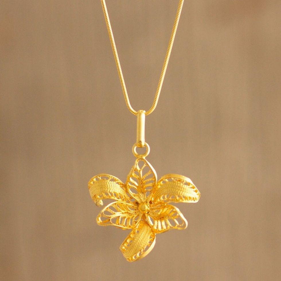 Peruvian Filigree Gold-Plated Orchid Pendant Necklace 'Graceful Orchid'