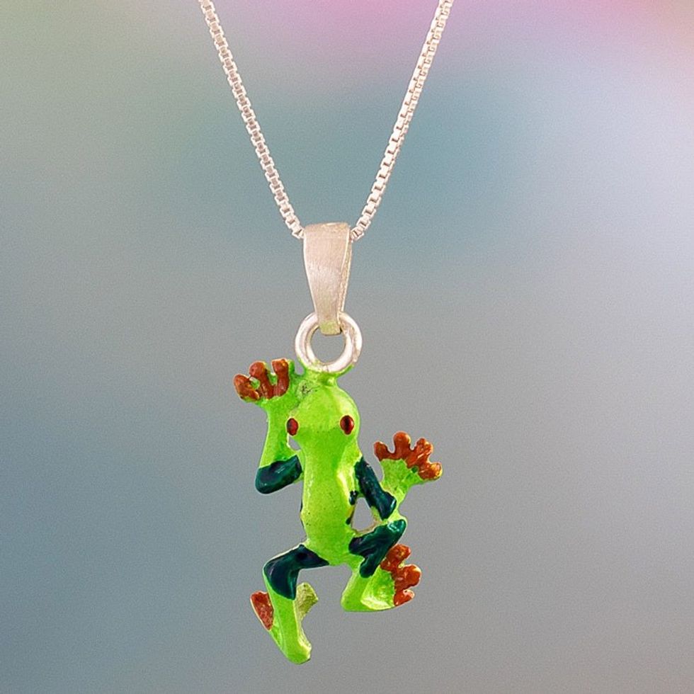 Painted Frog-Themed Sterling Silver Pendant Necklace 'Tree Frog'