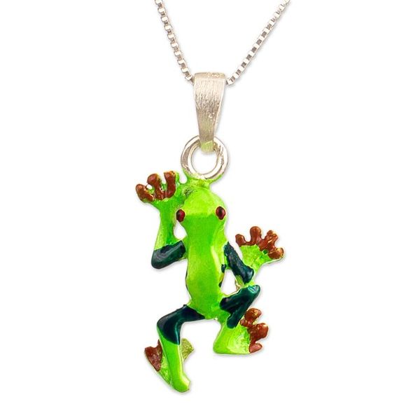 Alternate image for Painted Frog-Themed Sterling Silver Pendant Necklace Tree Frog