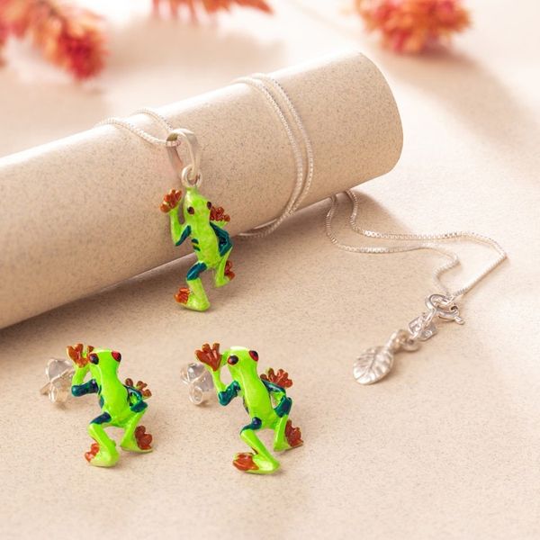 Alternate image for Painted Frog-Themed Sterling Silver Pendant Necklace Tree Frog