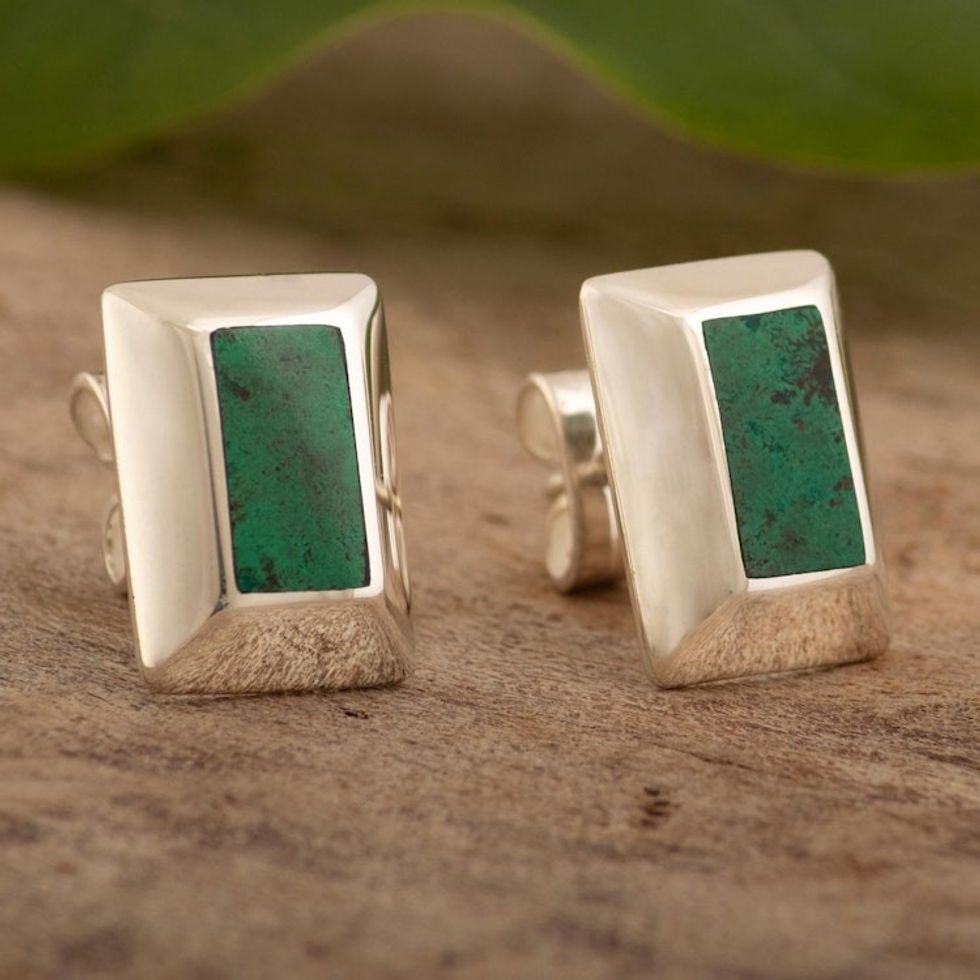 Peruvian Sterling Silver and Chrysocolla Button Earrings 'Green Captivation'