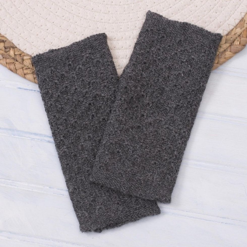 Patterned 100 Baby Alpaca Fingerless Mitts in Graphite 'Passionate Pattern in Graphite'