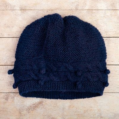 Alternate image for Artisan-Made 100 Alpaca Knit Hat in a Solid Indigo Blue Hue Crossed Paths in Indigo
