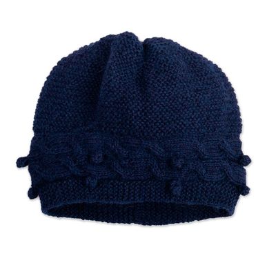 Alternate image for Artisan-Made 100 Alpaca Knit Hat in a Solid Indigo Blue Hue Crossed Paths in Indigo