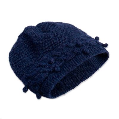 Alternate image for Artisan-Made 100 Alpaca Knit Hat in a Solid Indigo Blue Hue Crossed Paths in Indigo