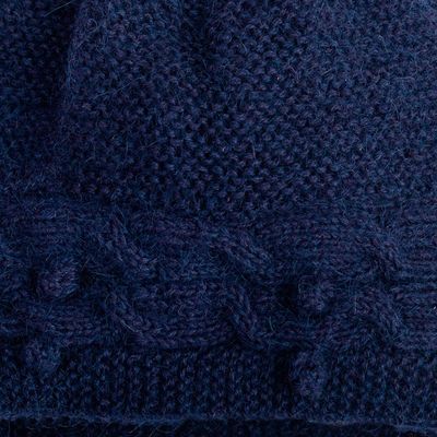 Alternate image for Artisan-Made 100 Alpaca Knit Hat in a Solid Indigo Blue Hue Crossed Paths in Indigo