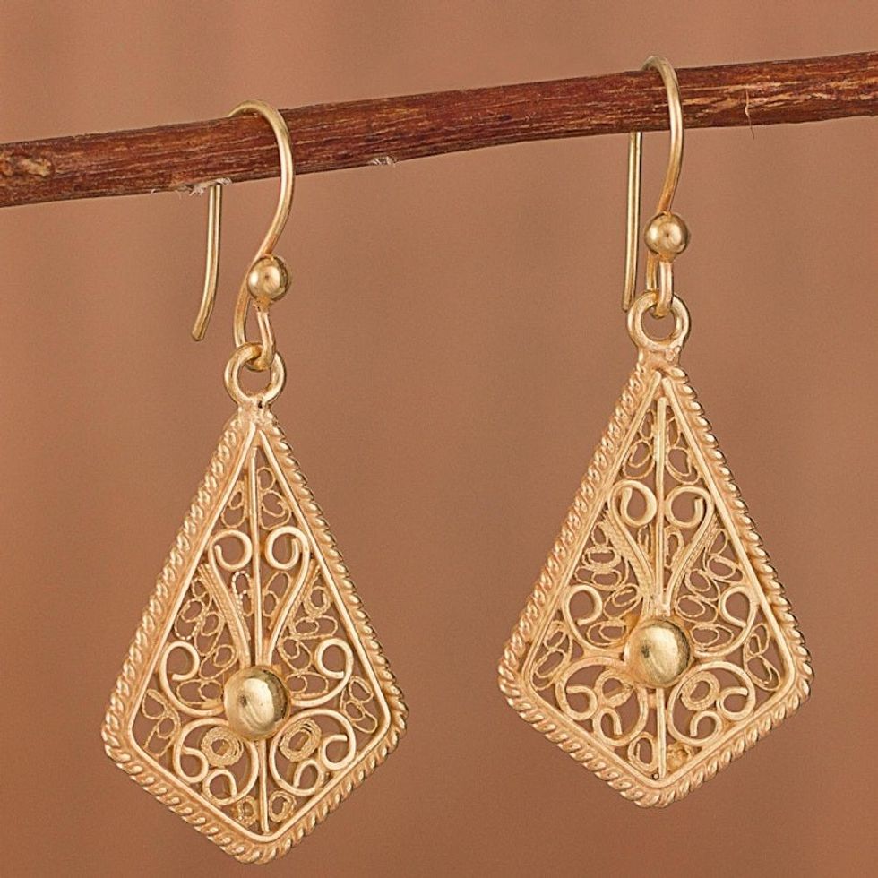 Gold-Plated Sterling Silver Filigree Kite Dangle Earrings 'Royal Scroll in Gold'