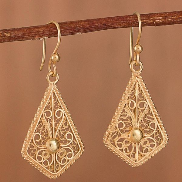 Alternate image for Gold-Plated Sterling Silver Filigree Kite Dangle Earrings Royal Scroll in Gold