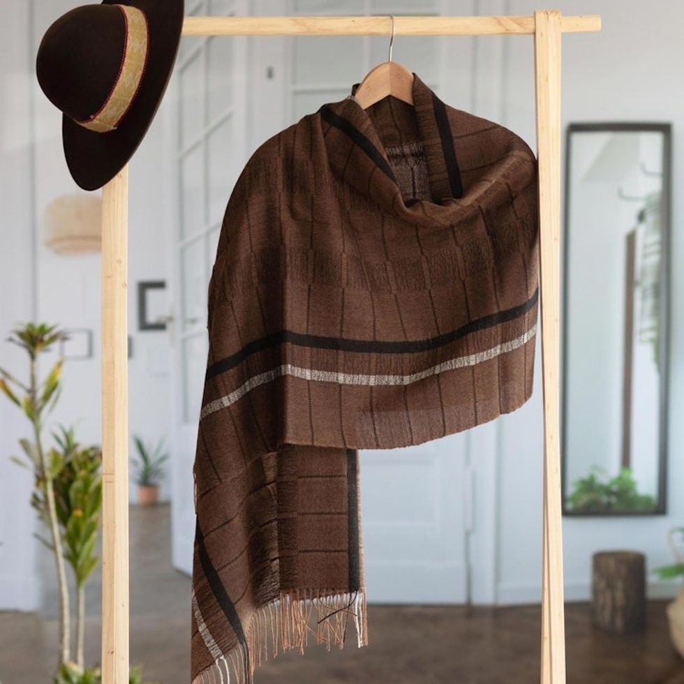 Handwoven Patterned Chestnut Brown Baby Alpaca Shawl 'Chestnut Windowpanes'
