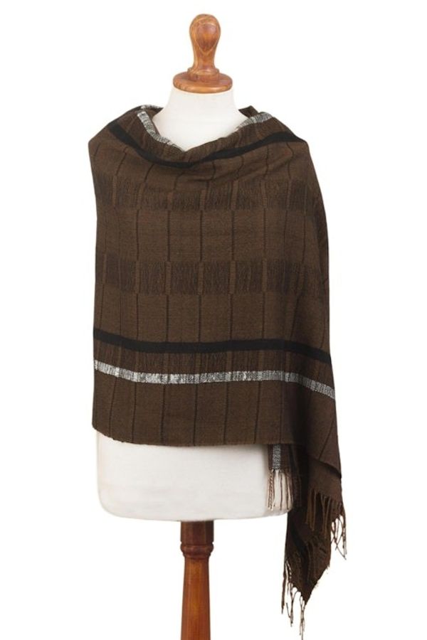 Alternate image for Handwoven Patterned Chestnut Brown Baby Alpaca Shawl Chestnut Windowpanes