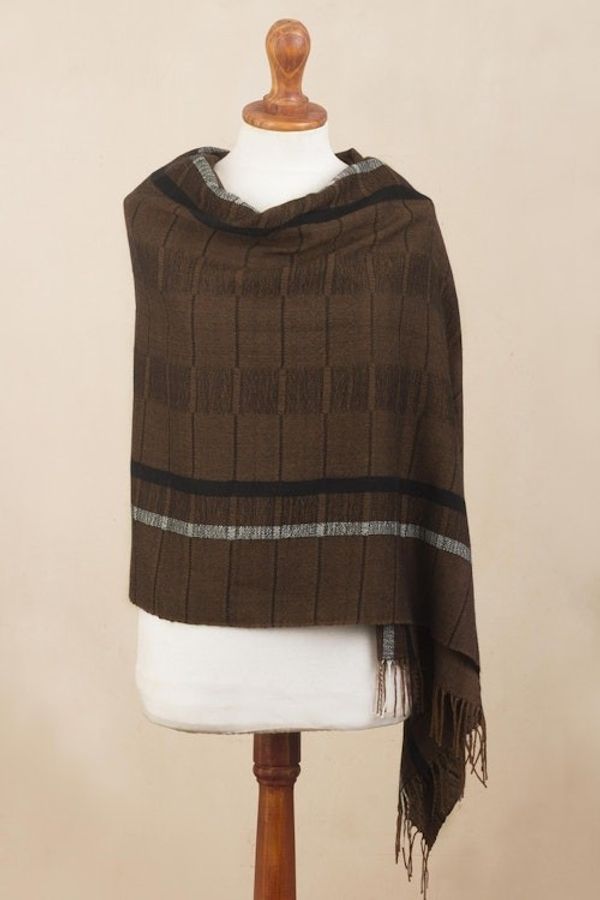 Alternate image for Handwoven Patterned Chestnut Brown Baby Alpaca Shawl Chestnut Windowpanes