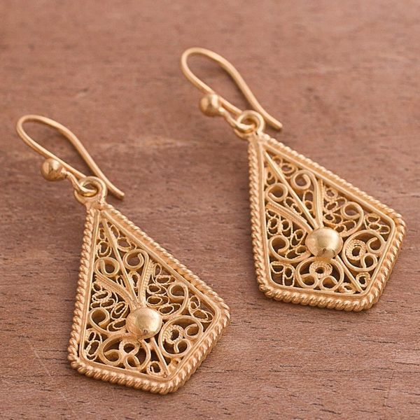 Alternate image for Gold-Plated Sterling Silver Filigree Kite Dangle Earrings Royal Scroll in Gold