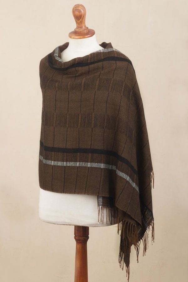 Alternate image for Handwoven Patterned Chestnut Brown Baby Alpaca Shawl Chestnut Windowpanes
