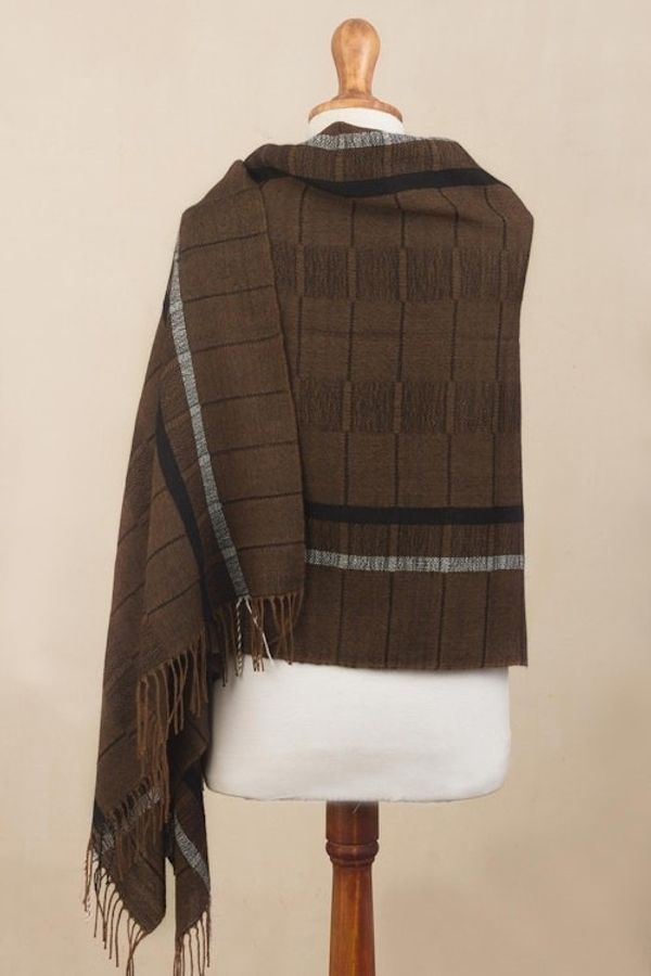 Alternate image for Handwoven Patterned Chestnut Brown Baby Alpaca Shawl Chestnut Windowpanes