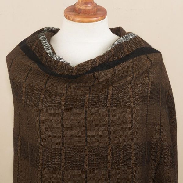 Alternate image for Handwoven Patterned Chestnut Brown Baby Alpaca Shawl Chestnut Windowpanes
