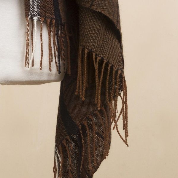 Alternate image for Handwoven Patterned Chestnut Brown Baby Alpaca Shawl Chestnut Windowpanes