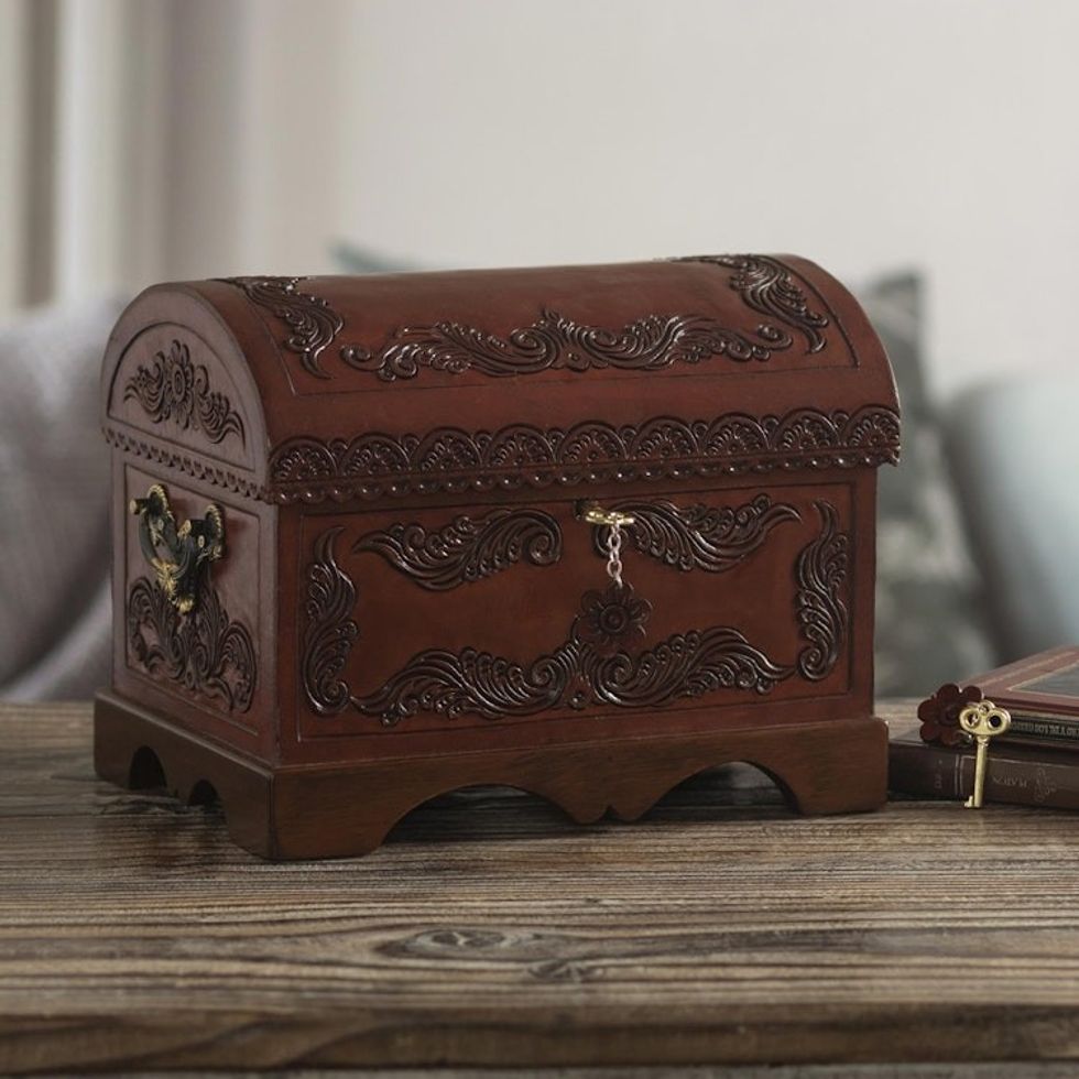 Leather Overlaid Wood Chest in Colonial Style from Peru 'Peruvian Treasure'