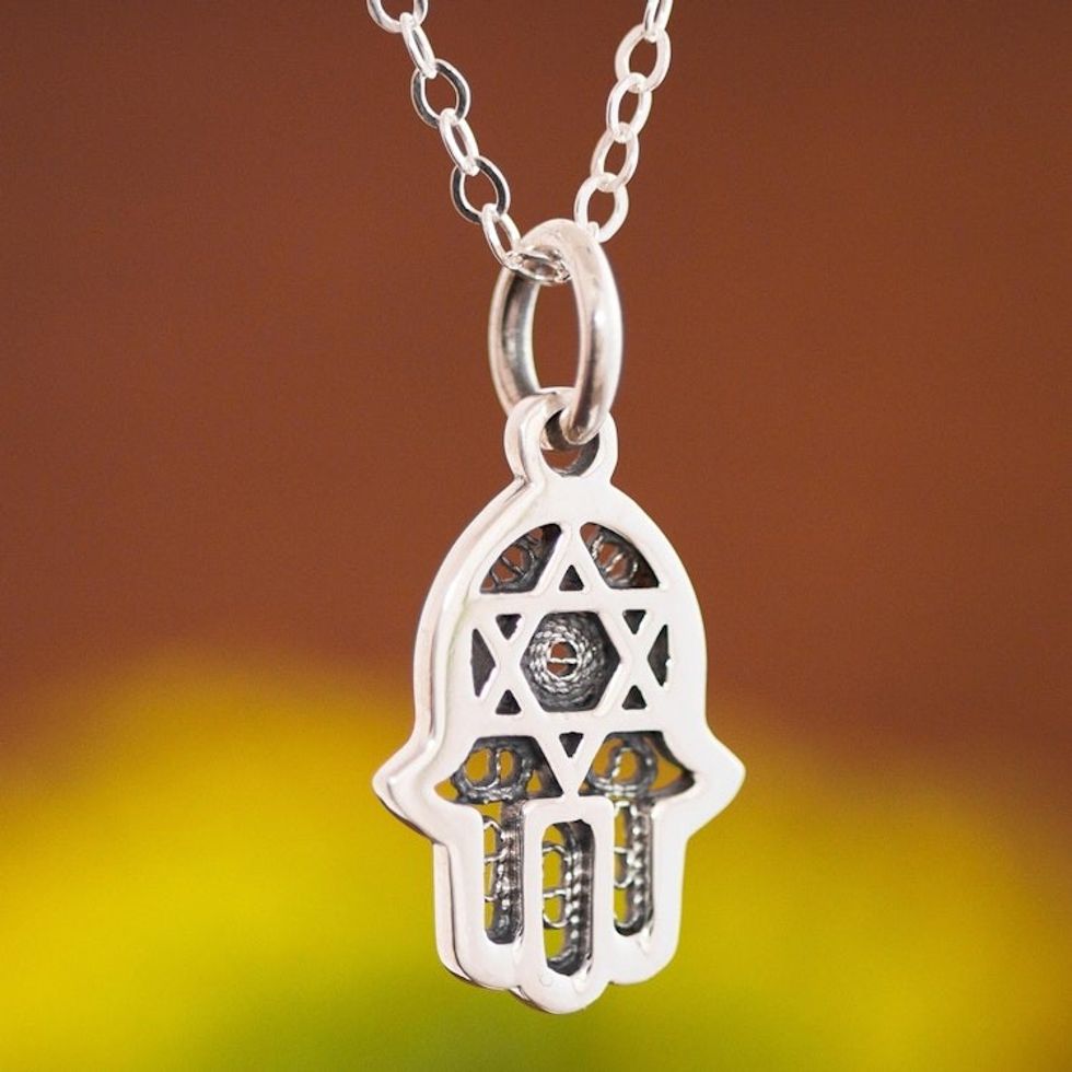 Sterling Silver Open Hand and Star of David Pendant Necklace 'Serene Safety'
