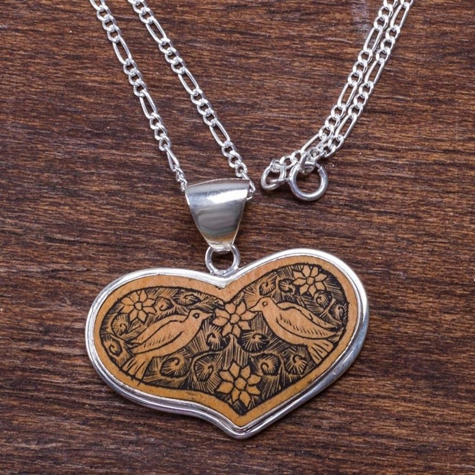 Peruvian Heart Shaped Mate Gourd Pendant Bird Necklace 'Lovebird Romance'