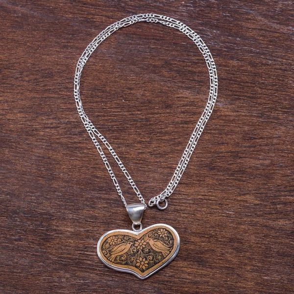 Alternate image for Peruvian Heart Shaped Mate Gourd Pendant Bird Necklace Lovebird Romance