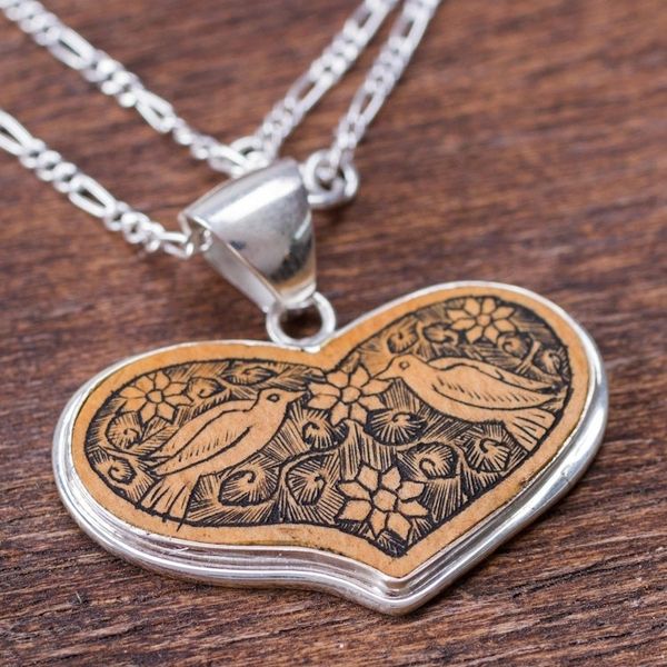 Alternate image for Peruvian Heart Shaped Mate Gourd Pendant Bird Necklace Lovebird Romance