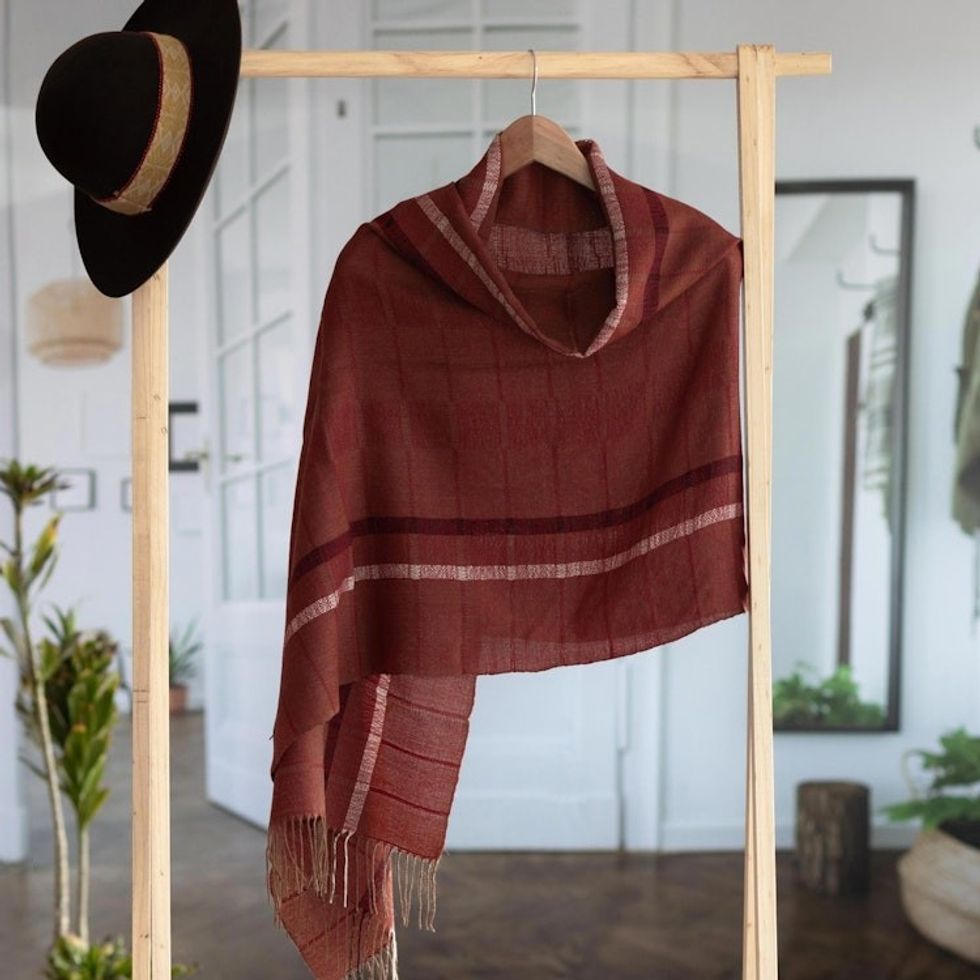 Handwoven Patterned Burgundy and Brown Baby Alpaca Shawl 'Burgundy Windowpanes'