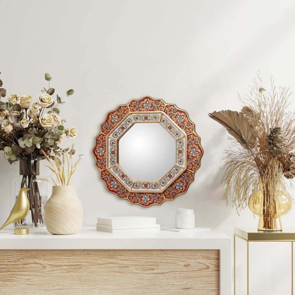 Collectible Floral Peruvian Reverse Painted Glass Mirror 'Red Star'
