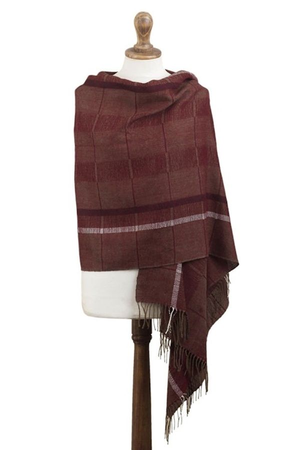 Alternate image for Handwoven Patterned Burgundy and Brown Baby Alpaca Shawl Burgundy Windowpanes