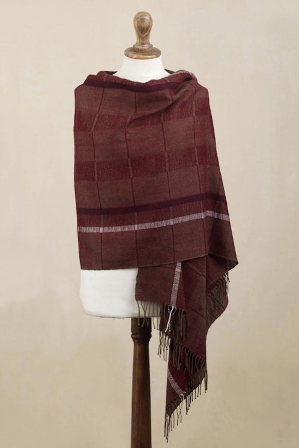 Alternate image for Handwoven Patterned Burgundy and Brown Baby Alpaca Shawl Burgundy Windowpanes
