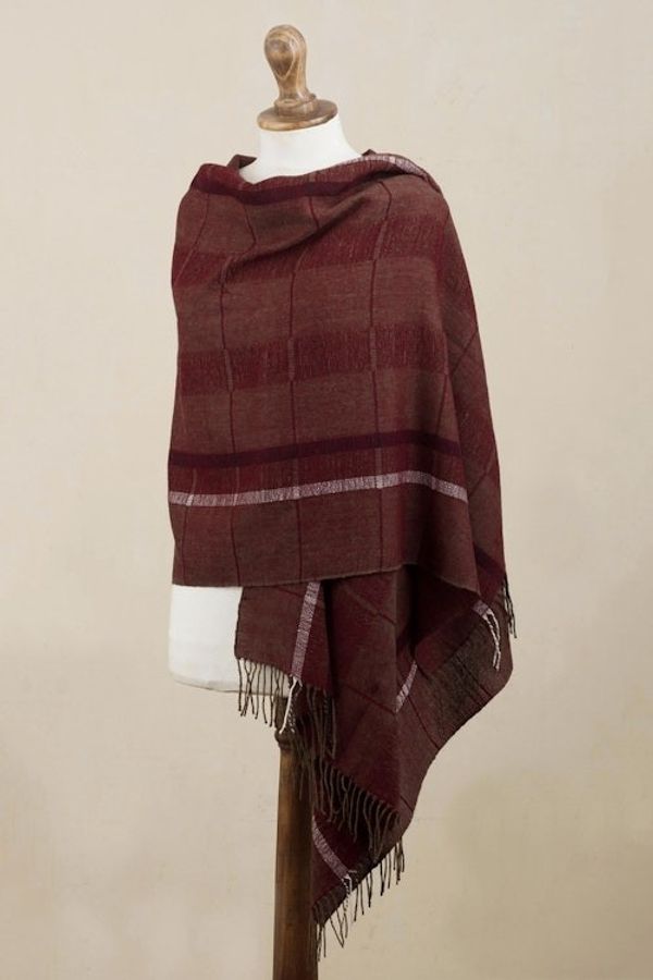 Alternate image for Handwoven Patterned Burgundy and Brown Baby Alpaca Shawl Burgundy Windowpanes