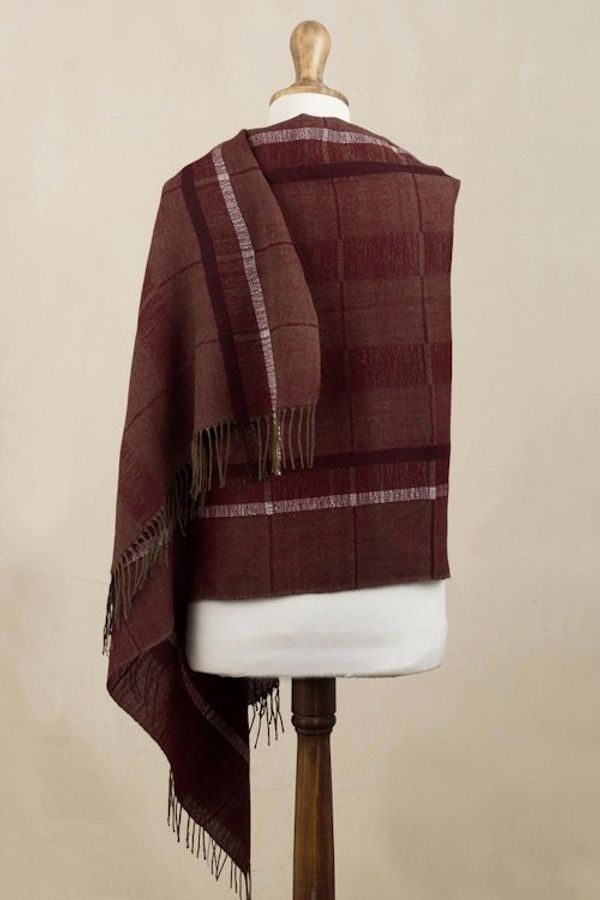 Alternate image for Handwoven Patterned Burgundy and Brown Baby Alpaca Shawl Burgundy Windowpanes