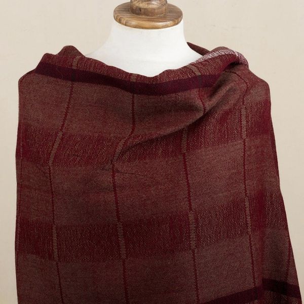 Alternate image for Handwoven Patterned Burgundy and Brown Baby Alpaca Shawl Burgundy Windowpanes