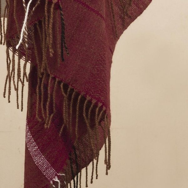 Alternate image for Handwoven Patterned Burgundy and Brown Baby Alpaca Shawl Burgundy Windowpanes