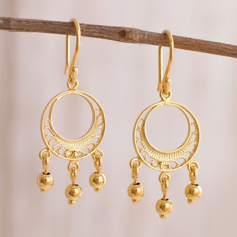 Gold Plated Sterling Silver Filigree Chandelier Earrings 'Glittering Dreamcatchers'