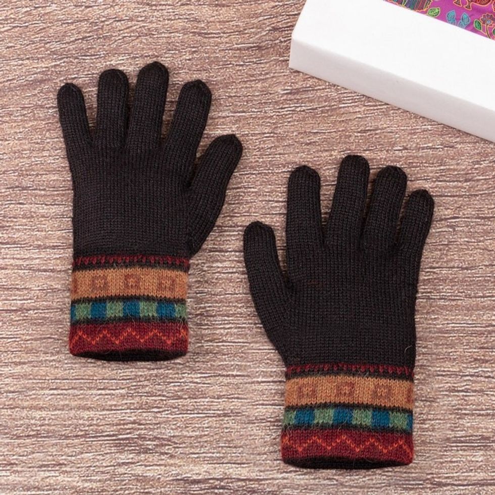 Traditional Knit Striped 100 Alpaca Gloves in Warm Hues 'Memories of the Region'