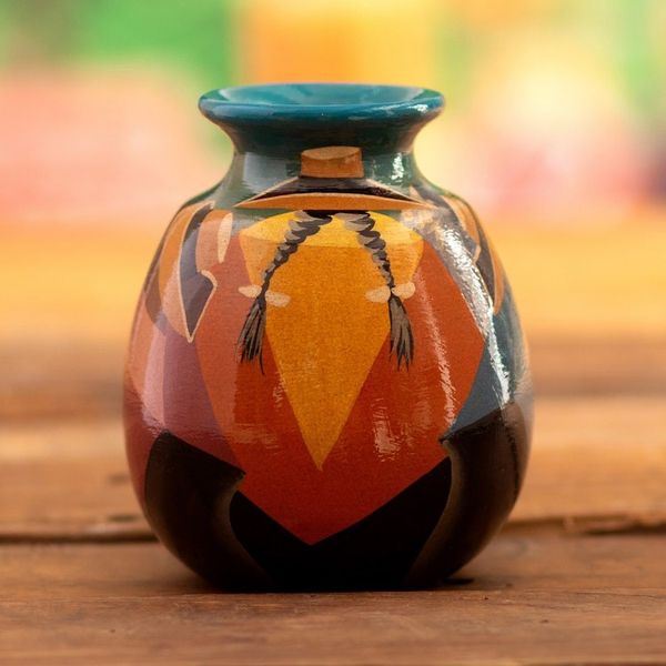 Alternate image for Ceramic Decorative Vase with Hand-Painted Andean Motifs Andean Braids in Blue