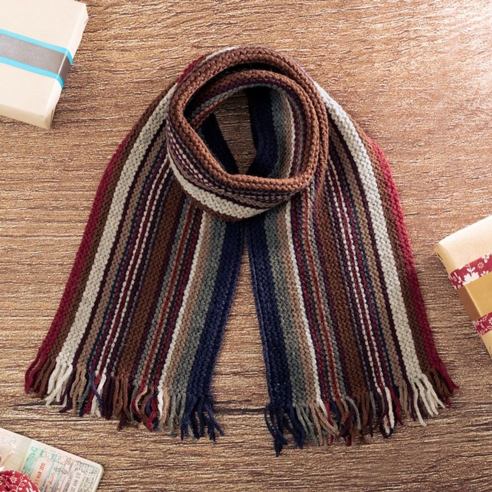 Handloomed Ivory and Brown Fringed Alpaca Blend Scarf 'Serene Lands'