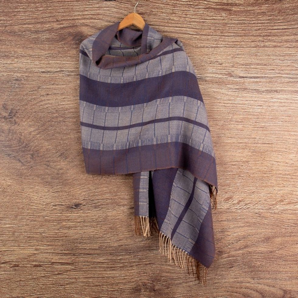 Handloomed Soft Indigo and Sepia 100 Baby Alpaca Shawl 'Andean Nights'