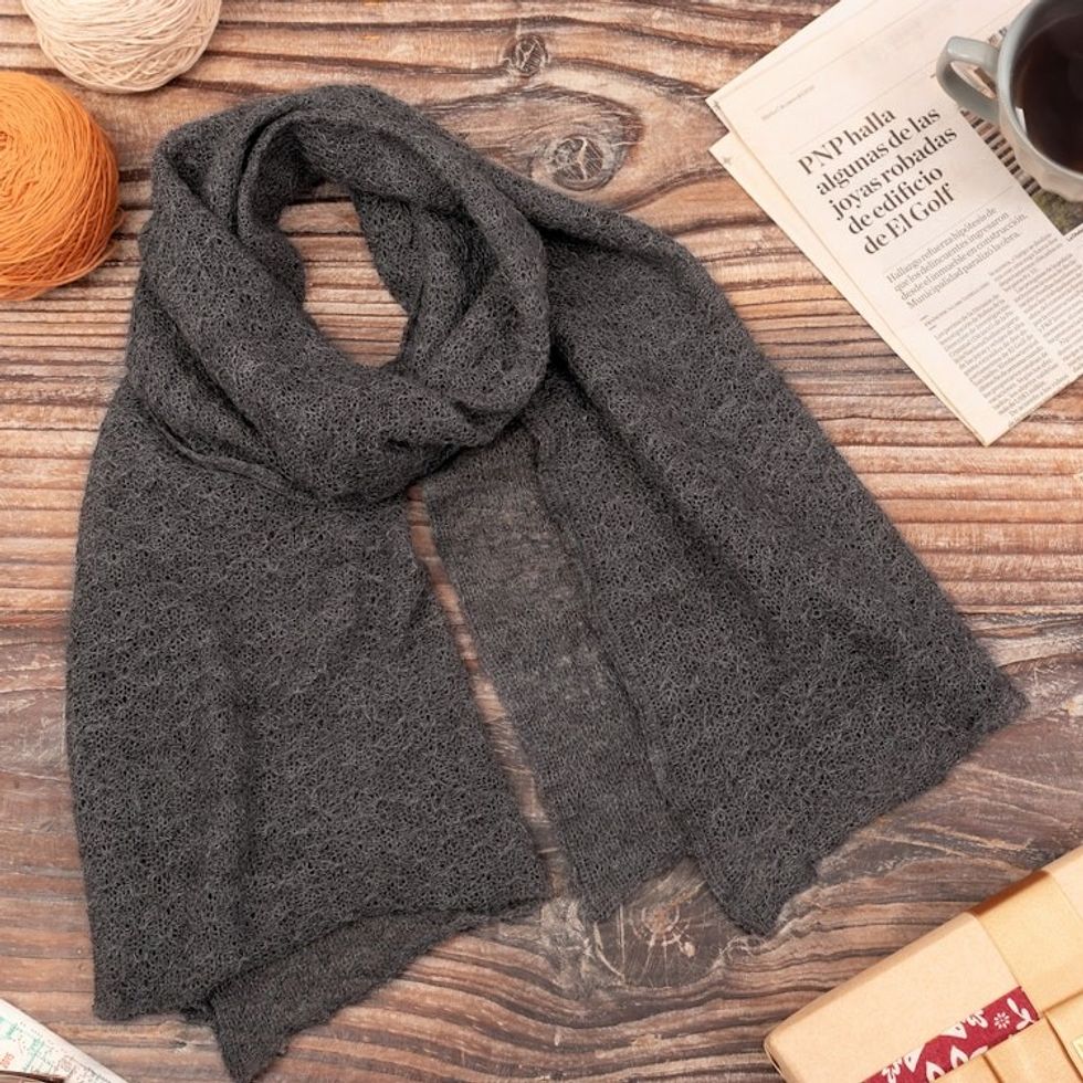 Textured 100 Baby Alpaca Wrap Scarf in Slate from Peru 'Slate Gossamer'