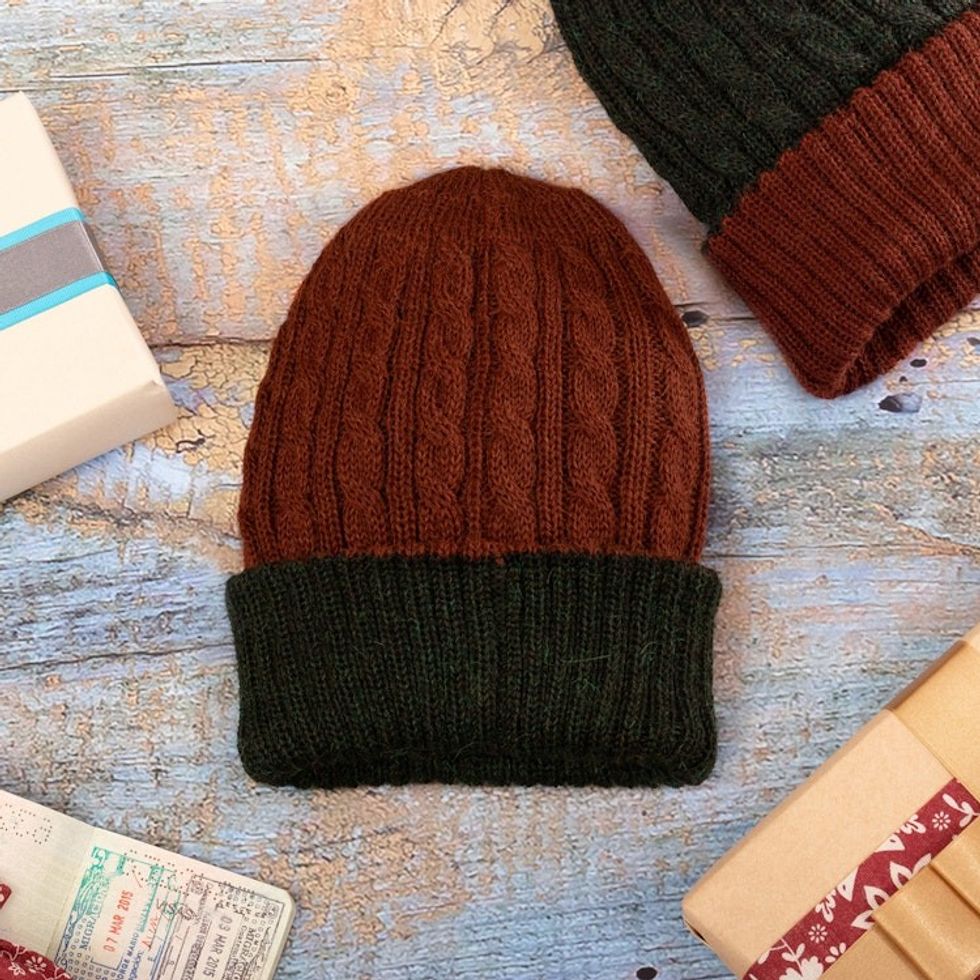 Reversible 100 Alpaca Cable Knit Hat in Brown and Green 'Warm and Earthy'