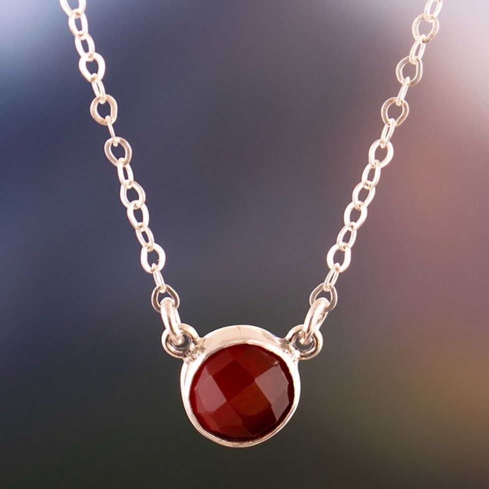 Silver Pendant Necklace with Faceted Cabochon Garnet Stone 'Scarlet Poem'