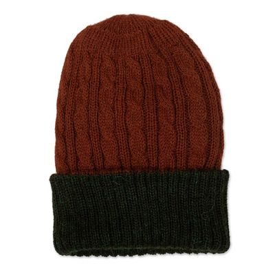 Alternate image for Reversible 100 Alpaca Cable Knit Hat in Brown and Green Warm and Earthy