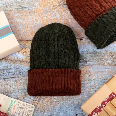 Alternate image for Reversible 100 Alpaca Cable Knit Hat in Brown and Green Warm and Earthy