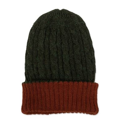 Alternate image for Reversible 100 Alpaca Cable Knit Hat in Brown and Green Warm and Earthy