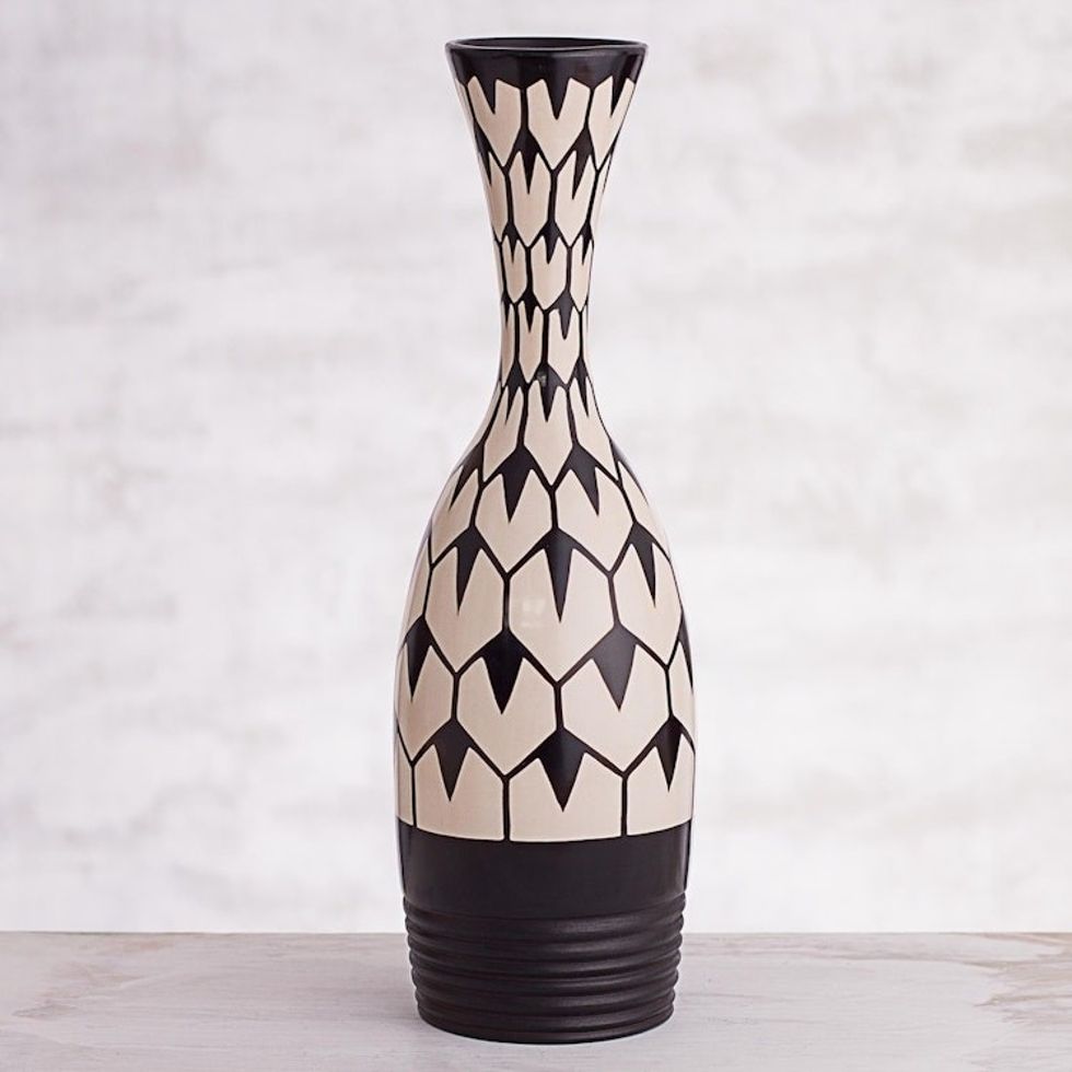Hexagon Motif Chulucanas Ceramic Decorative Vase from Peru 'Chulucanas Rain'