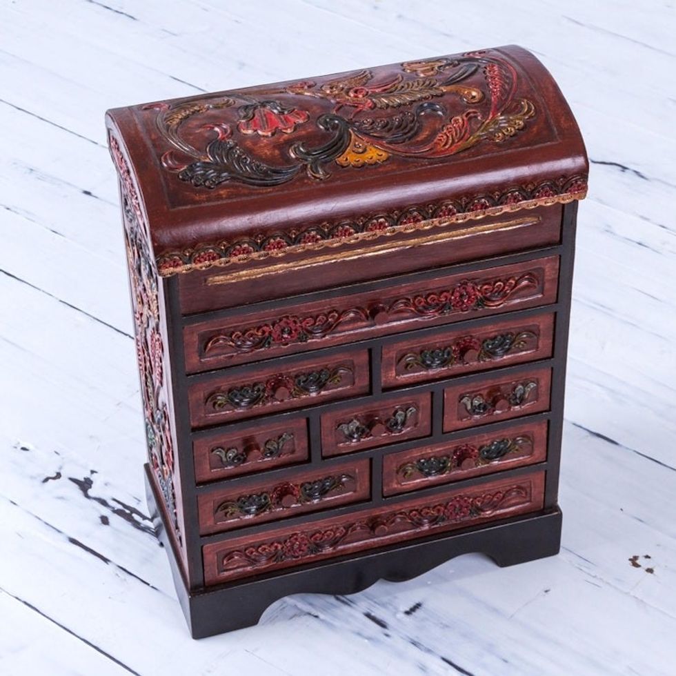 Peruvian Hand Carved Cedar Wood Jewelry Box with Mirror 'Garden Hummingbirds'