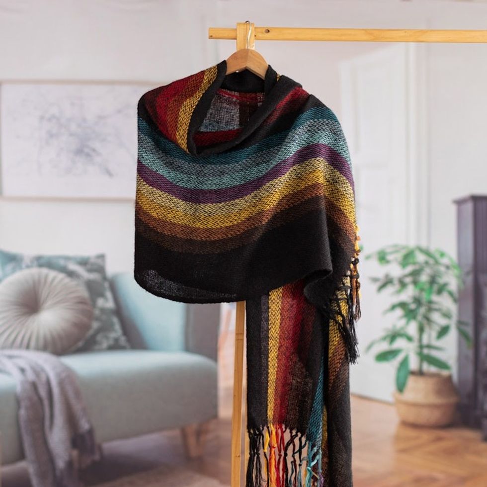 Striped and Fringed 100 Alpaca Shawl Hand-Woven in Peru 'Nature in Harmony'