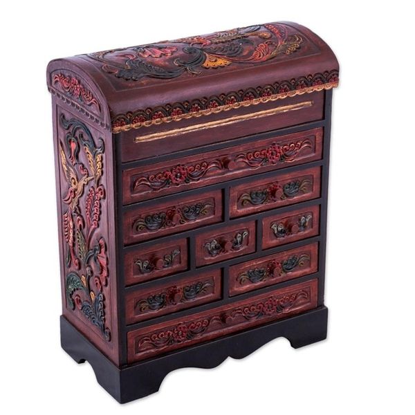 Alternate image for Peruvian Hand Carved Cedar Wood Jewelry Box with Mirror Garden Hummingbirds